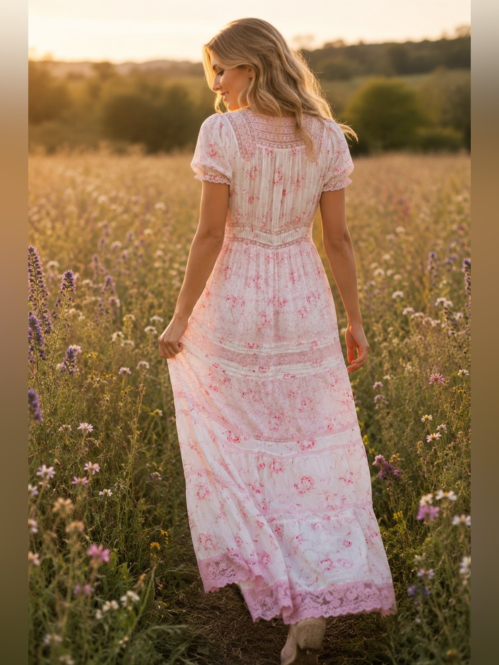 LoveShackFancy Pink Floral Lace Trim Maxi Dress size 2 - Picture 2 of 14